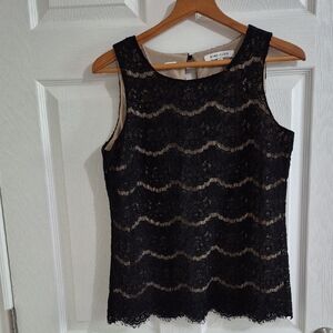 ROSE+OLIVE Lace sleeveless T-shirt, Top, black over tan. party, office, Med